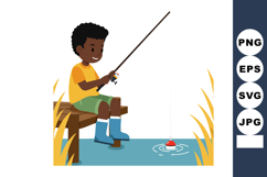 Boy fishing at peaceful pond with blue boots and yellow shir Product Image 1