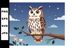 Brown and white owl perched on tree branch under starry nigh Product Image 1