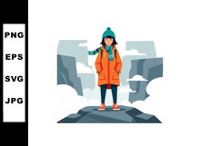 Young woman wearing orange coat and green hat in winter moun Product Image 1