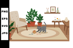 Gray Cat Playing with Yarn Ball in Cozy Living Room with Pla Product Image 1