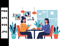 Two women enjoying coffee and conversation in a cozy modern Product Image 1