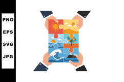 Puzzle pieces showing different nature landscapes with hands Product Image 1