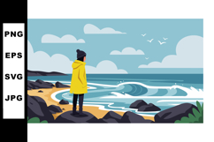 Person in yellow jacket standing on rocky shore watching oce Product Image 1