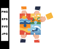 Collaborative hands assembling colorful environmental puzzle Product Image 1