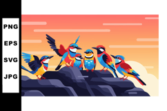 Colorful wild birds perched on rocky landscape under orange Product Image 1