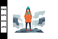 Young woman in orange coat standing near waterfall with wint Product Image 1