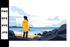 Woman in yellow jacket standing on rocky coast looking at oc Product Image 1
