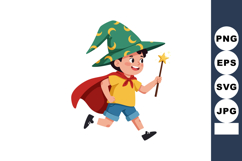Child dressed as wizard with green hat and red cape holding Product Image 1