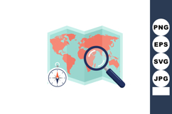 World map with magnifying glass and compass navigation tools Product Image 1