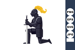 Knight in black armor kneeling with sword and yellow plume o Product Image 1