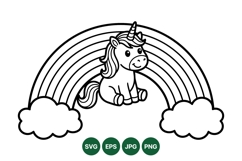 Cute Unicorn With Rainbow Line Art Clipart Product Image 1