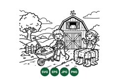 Black Line Art Farm Kids Playing With Hay Illustration Product Image 1