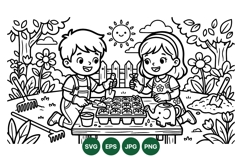 Black and White Kids Gardening Coloring Page Illustration Product Image 1