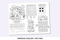 Printable Halloween activity placemat for kids with puzzles games and coloring