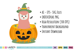 Halloween alpaca graphics for invitations and decorations.