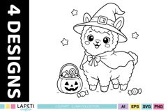 Black and white Halloween llama line art for crafting projects.