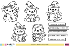 Set of 10 kawaii Halloween animal digital stamps with outline style and spooky phrases, transparent PNG.