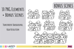 Bonus scenes with kawaii Halloween animals in outline digital stamp style, printable PNG sheet.