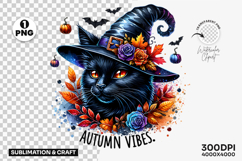  Halloween clipart, autumn vibes PNG, black cat with witch hat, fall season clipart, spooky season PNG, watercolor Halloween art, Halloween sublimatio