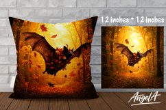 Halloween Pillow cover sublimation, Bat in autumn forest PNG Product Image 1