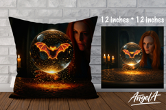 Dark Pillow cover sublimation, witch, magical ball with bat Product Image 1