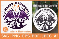 Halloween Bat with Haunted House SVG Fall Round Sign Cut File
