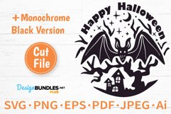 Halloween Bat with Haunted House SVG Fall Round Sign Cut File For Cutting Machines