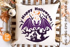 Halloween Bat with Haunted House SVG Fall Round Sign Cut File For Pillow Case