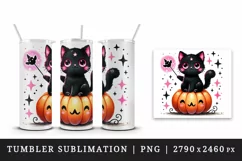 Halloween black cat sitting pumpkin neon pink glowing eyes print 20 oz tumbler skinny mug wrap clipart t-shirt sublimation printable design