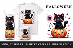 Halloween black cat sitting pumpkin neon pink glowing eyes print 20 oz tumbler skinny mug wrap clipart t-shirt sublimation printable design