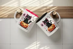 Halloween black cat sitting pumpkin neon pink glowing eyes print 20 oz tumbler skinny mug wrap clipart t-shirt sublimation printable design
