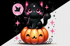 Halloween black cat sitting pumpkin neon pink glowing eyes print 20 oz tumbler skinny mug wrap clipart t-shirt sublimation printable design
