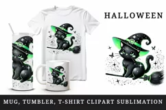 Halloween black cat wearing neon green witch hat sitting on broomstick print tumbler skinny mug wrap clipart t-shirt sublimation printable design