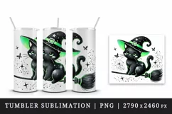 Halloween black cat wearing neon green witch hat sitting on broomstick print tumbler skinny mug wrap clipart t-shirt sublimation printable design