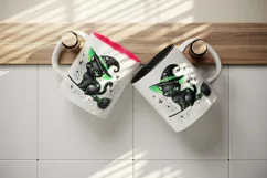Halloween black cat wearing neon green witch hat sitting on broomstick print tumbler skinny mug wrap clipart t-shirt sublimation printable design
