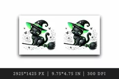 Halloween black cat wearing neon green witch hat sitting on broomstick print tumbler skinny mug wrap clipart t-shirt sublimation printable design