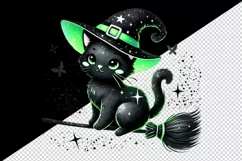 Halloween black cat wearing neon green witch hat sitting on broomstick print tumbler skinny mug wrap clipart t-shirt sublimation printable design