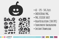 Halloween clipart bundle featuring black silhouettes of ghosts, pumpkins, and bats with PNG sticker sheets, high resolution and transparent background.
