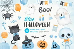 Blue Halloween Watercolor Clipart, Cute Halloween Boy PNG Product Image 1
