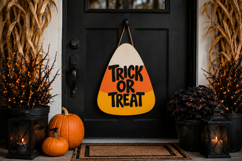 Digital SVG, PNG, DXF and EPS design showing a colourful candy corn silhouette filled with large Trick or Treat typography.