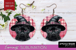 Halloween Cat Round Earrings - Witch Hat PNG Sublimation Product Image 1