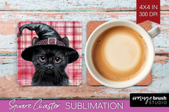 Halloween Cat Square Coaster - Witch Hat Coaster PNG Product Image 1