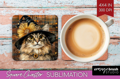 Halloween Cat Square Coaster - Witch Hat Coaster PNG Product Image 1