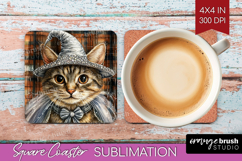 Halloween Cat Square Coaster - Witch Hat Coaster PNG Product Image 1