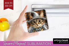 Halloween Cat Magnet Sublimation - Witch Hat Square Magnet Product Image 1