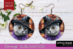 Halloween Cat Round Earrings - Witch Hat PNG Sublimation Product Image 1