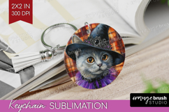 Halloween Cat Keychain PNG - Witch Hat Keychain Sublimation Product Image 1