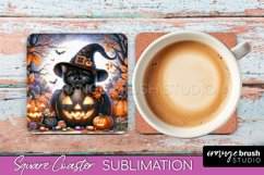 Halloween Black Cat Square Coaster, Cute Halloween Coaster Product Image 1