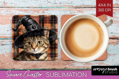 Halloween Cat Square Coaster - Witch Hat Coaster PNG Product Image 1