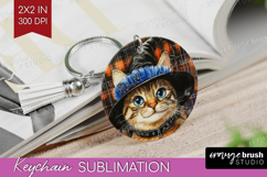 Halloween Cat Keychain PNG - Witch Hat Keychain Sublimation Product Image 1